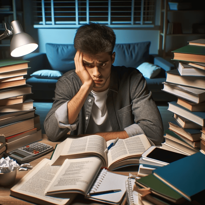 DALL·E 2024-01-23 14.36.26 - An image of a stressed university student surrounded by a pile of books. The student, sitting at a desk, has a worried expression on their face, their